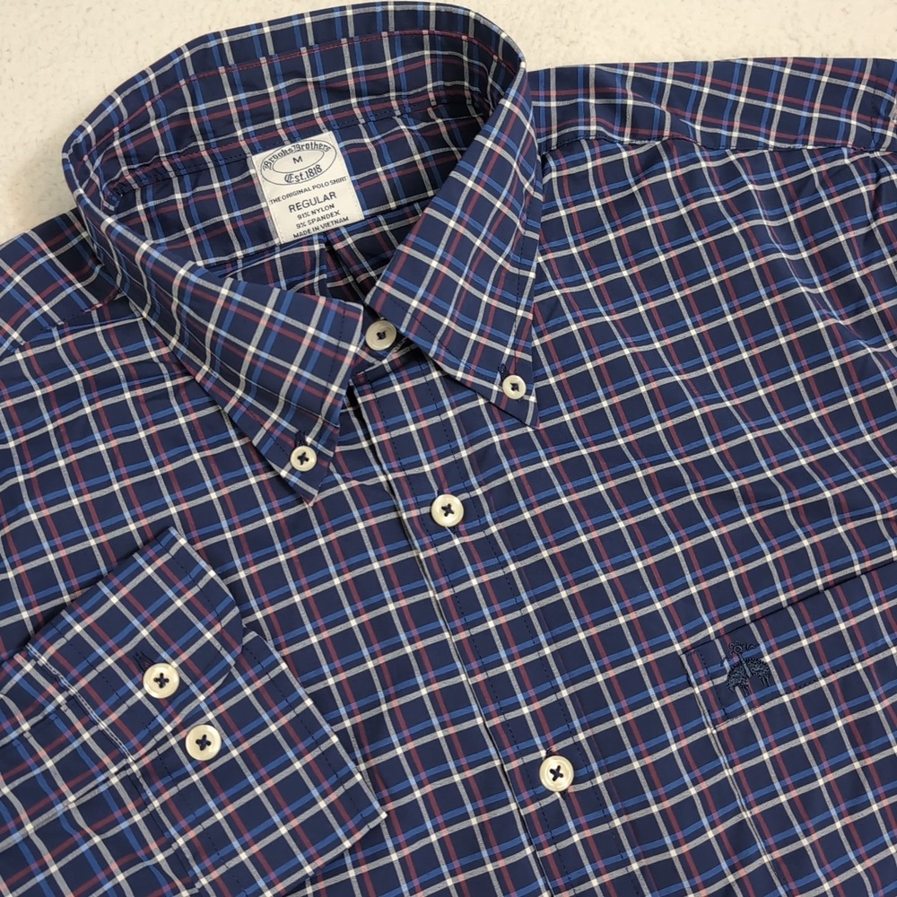 Brooks Brothers Shirt Mens M Blue Button Down Performance Nylon Stretch Plaid